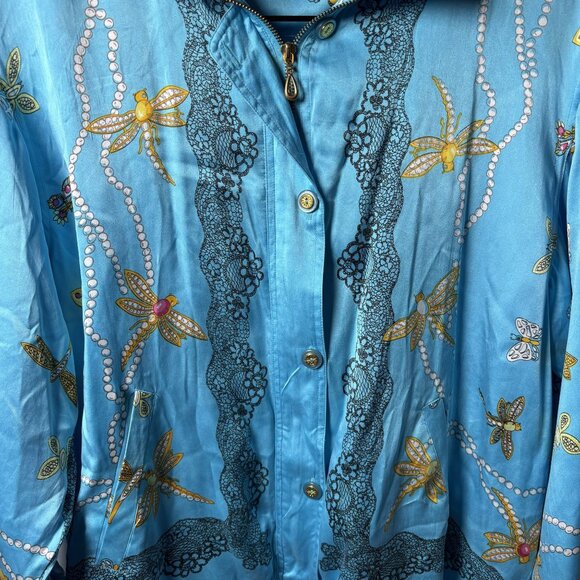 Vintage Blue 100% Silk Butterfly & Dragonfly Print Jacket Full Zip - Picture 3 of 11